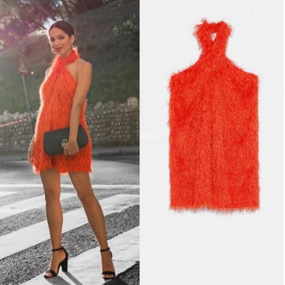 Zara halter fringe orange cocktail dress NWT!